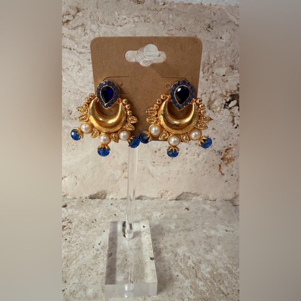Artisan-Made Gold & Blue  Earrings with Pearl Accents Indo-Fusion Jewelry